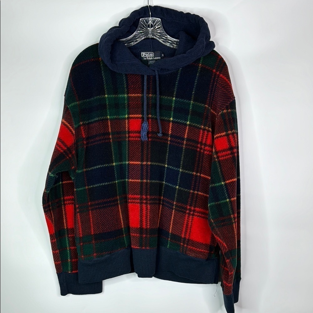 Vintage Polo By Ralph Lauren Red Plaid Fleece Hooded Sweatshirt Size Medium